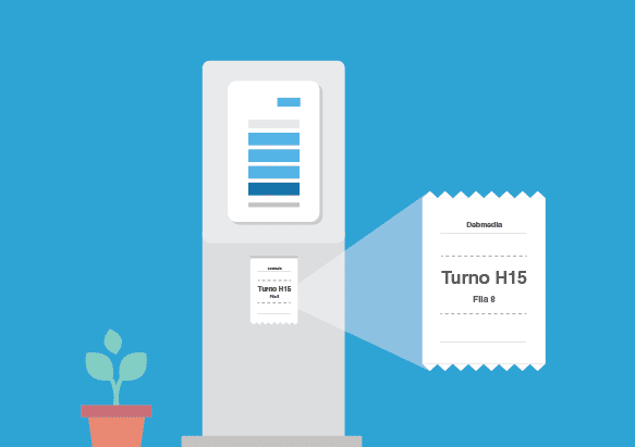 ilustración de un kiosco autogestionado emitiendo un turno