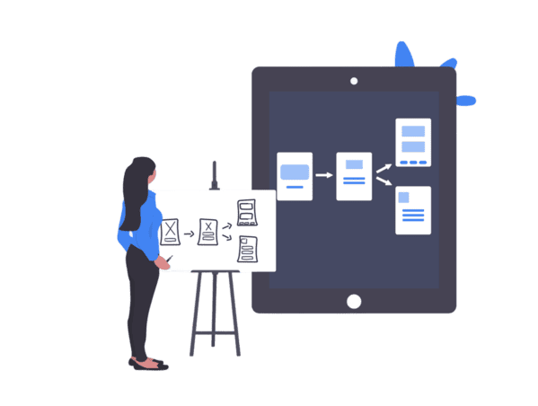 ilustracion de una persona frente a un tablero con multiples gráficos de flujo y datos de digiturno